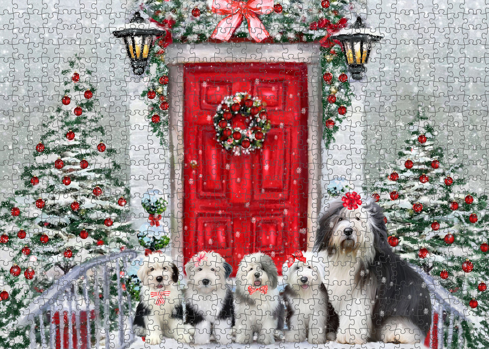 Christmas Holiday Welcome Old English Sheepdogs Portrait Jigsaw Puzzle for Adults Animal Interlocking Puzzle Game Unique Gift for Dog Lover's with Metal Tin Box