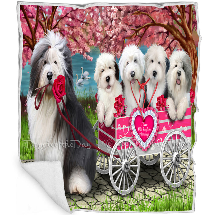 I Love Old English Sheepdog Dogs in a Cart Art Portrait Print Woven Throw Sherpa Plush Fleece Blanket D070