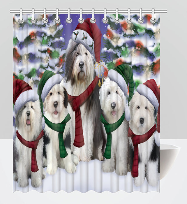 Old English Sheepdogs Christmas Family Portrait in Holiday Scenic Background Shower Curtain