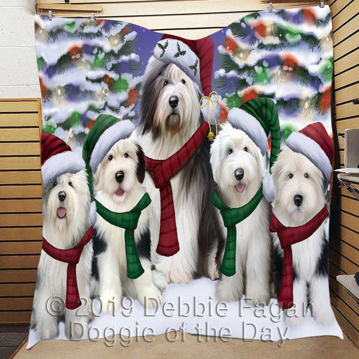 Old English Sheepdogs Christmas Family Portrait in Holiday Scenic Background Quilt