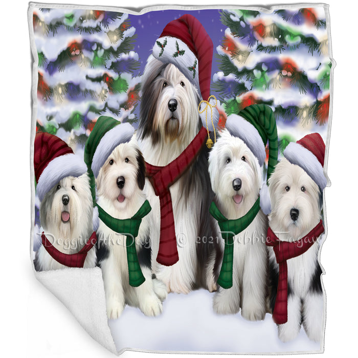 Old English Sheepdog Dog Christmas Family Portrait in Holiday Scenic Background Art Portrait Print Woven Throw Sherpa Plush Fleece Blanket