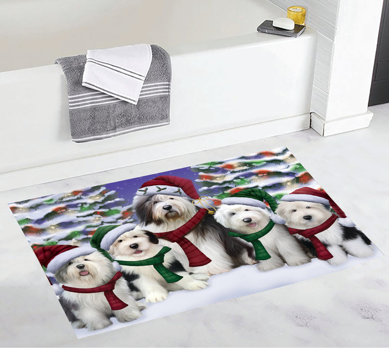 Old English Sheepdogs Christmas Family Portrait in Holiday Scenic Background Bath Mat