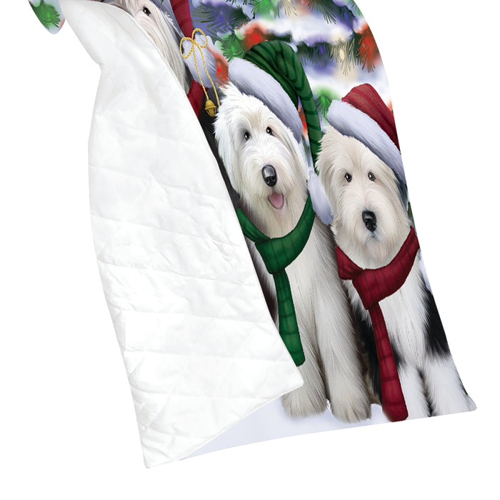 Old English Sheepdogs Christmas Family Portrait in Holiday Scenic Background Quilt