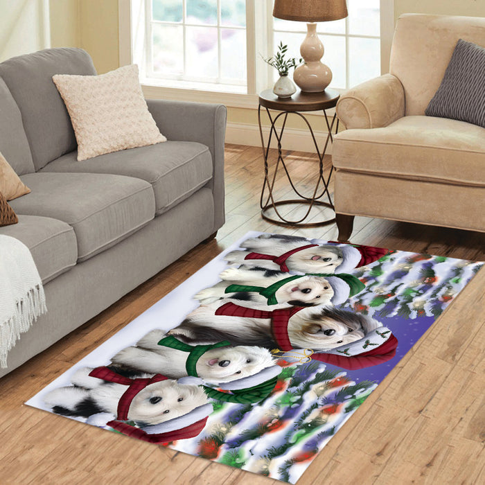 Old English Sheepdogs Christmas Family Portrait in Holiday Scenic Background Area Rug