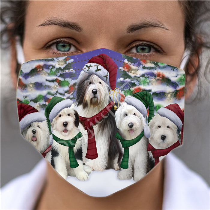Old English Sheepdogs Christmas Family Portrait in Holiday Scenic Background Face Mask FM48361
