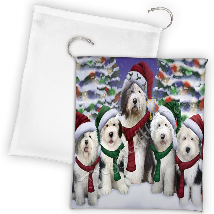 Old English Sheepdogs Christmas Family Portrait in Holiday Scenic Background Drawstring Laundry or Gift Bag LGB48159