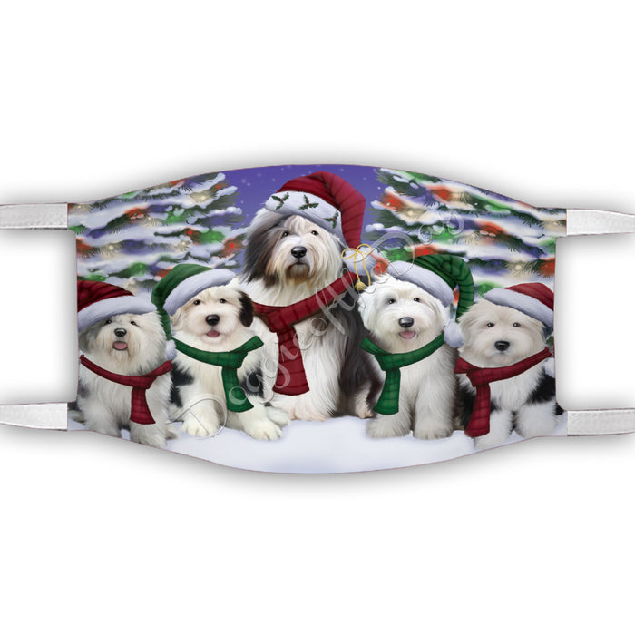 Old English Sheepdogs Christmas Family Portrait in Holiday Scenic Background Face Mask FM48361