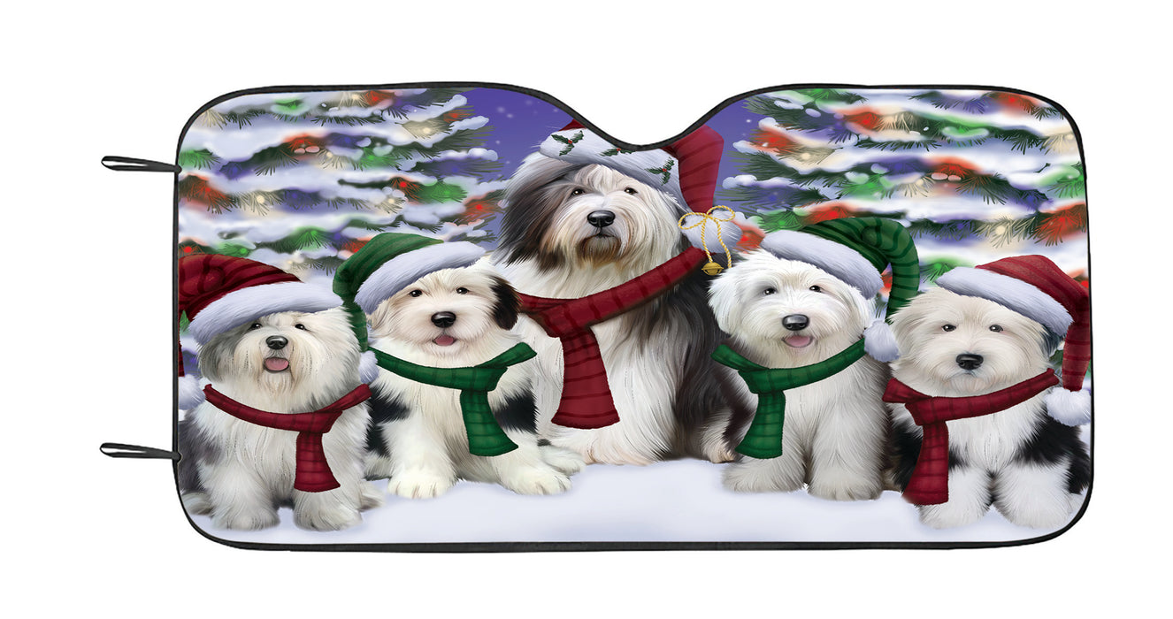 Old English Sheepdogs Christmas Family Portrait in Holiday Scenic Background Car Sun Shade