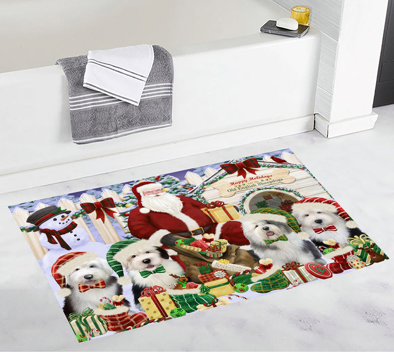 Happy Holidays Christma Old English Sheepdogs House Gathering Bath Mat