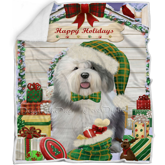 Happy Holidays Christmas Old English Sheepdog House With Presents Blanket BLNKT85728