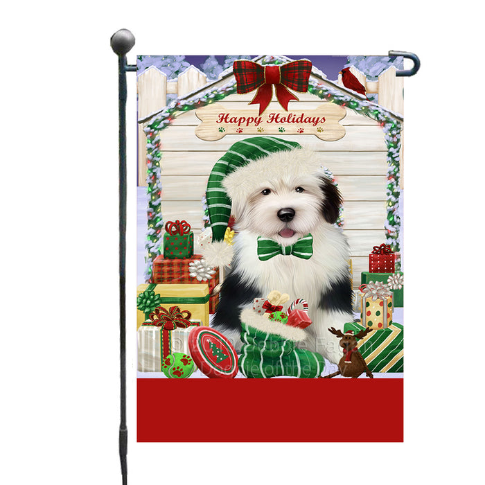 Personalized Happy Holidays Christmas Old English Sheepdog House with Presents Custom Garden Flags GFLG-DOTD-A59341
