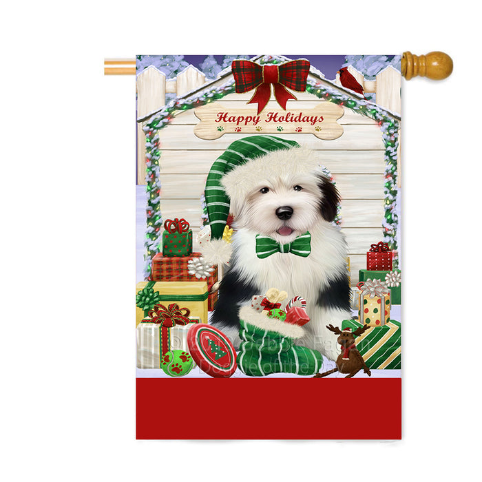 Personalized Happy Holidays Christmas Old English Sheepdog House with Presents Custom House Flag FLG-DOTD-A59397