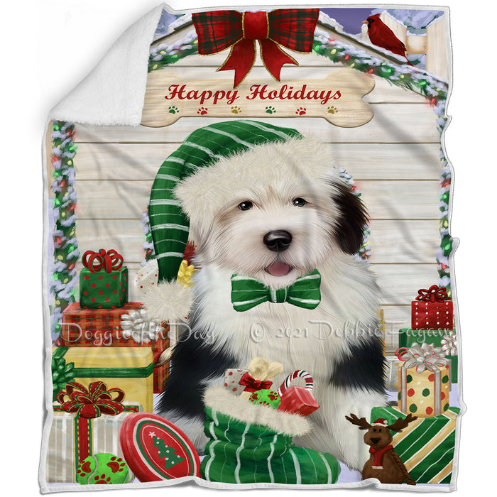 Happy Holidays Christmas Old English Sheepdog House With Presents Blanket BLNKT85737