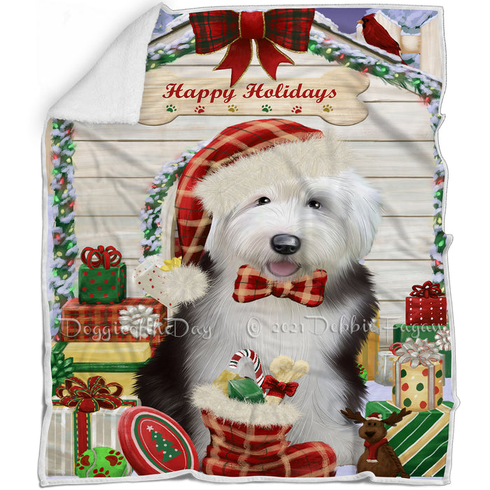 Happy Holidays Christmas Old English Sheepdog House With Presents Blanket BLNKT85746
