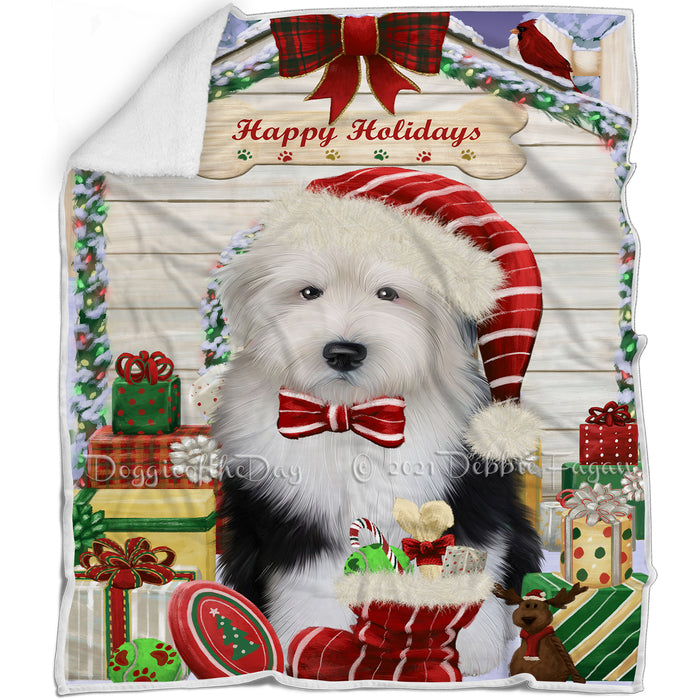 Happy Holidays Christmas Old English Sheepdog House With Presents Blanket BLNKT85755