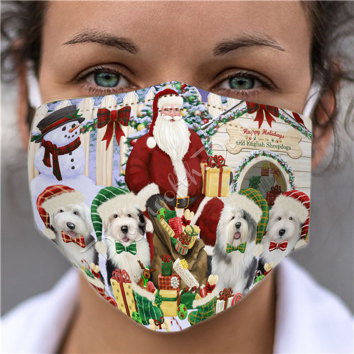 Happy Holidays Christmas Old English Sheepdogs House Gathering Face Mask FM48265