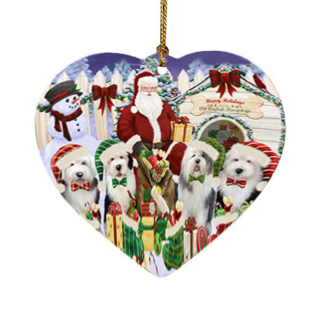 Happy Holidays Christmas Old English Sheepdogs Dog House Gathering Heart Christmas Ornament HPORA58508