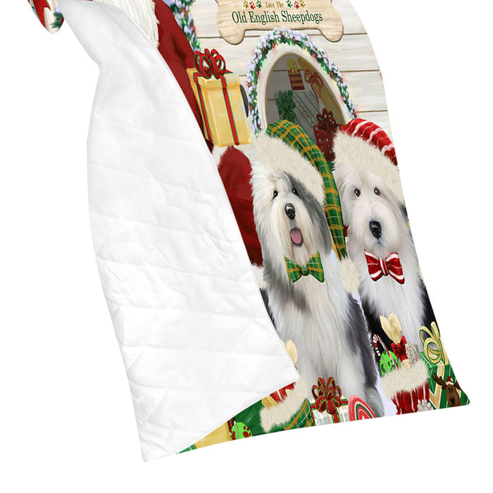 Happy Holidays Christmas Old English Sheepdogs House Gathering Quilt