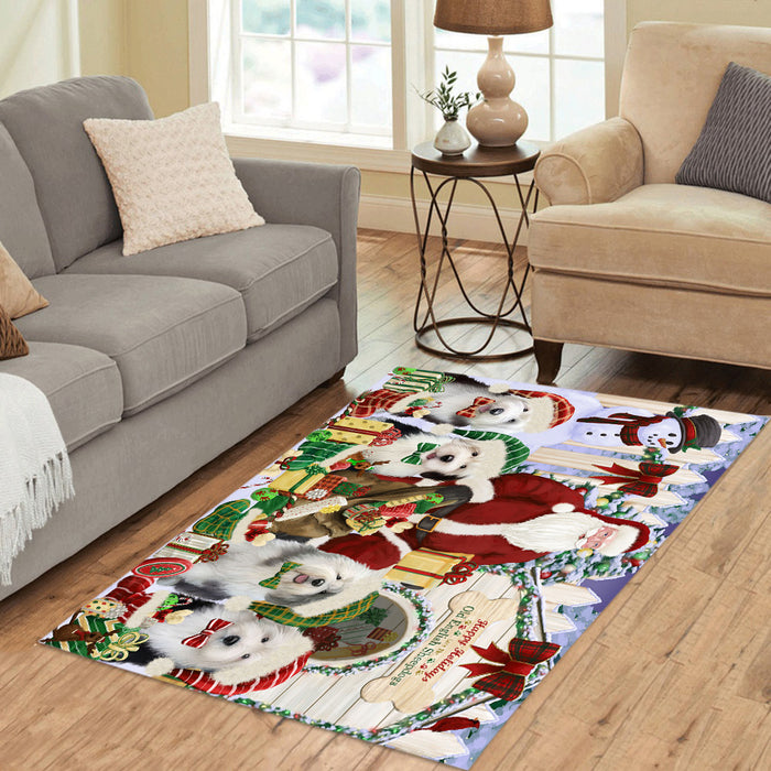 Happy Holidays Christma Old English Sheepdogs House Gathering Area Rug