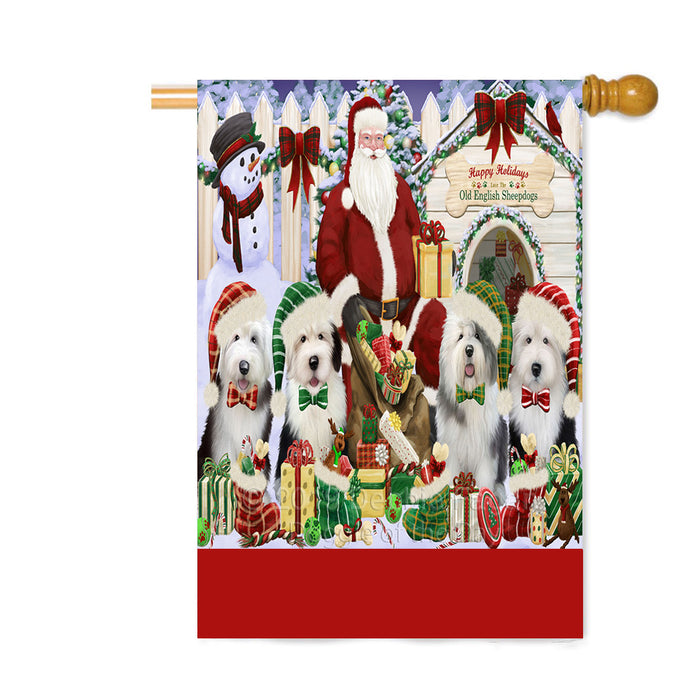 Personalized Happy Holidays Christmas Old English SheepDogs House Gathering Custom House Flag FLG-DOTD-A58596