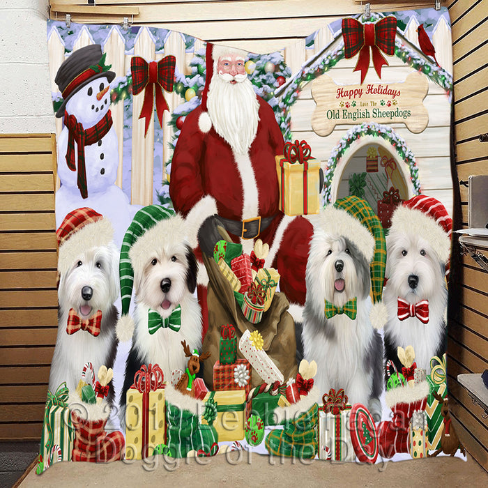 Happy Holidays Christmas Old English Sheepdogs House Gathering Quilt