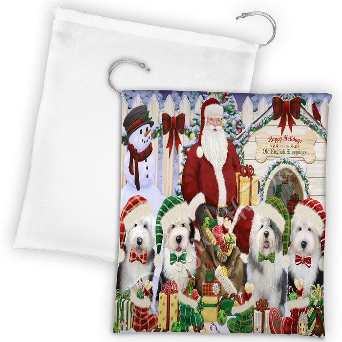 Happy Holidays Christmas Old English Sheepdogs House Gathering Drawstring Laundry or Gift Bag LGB48063