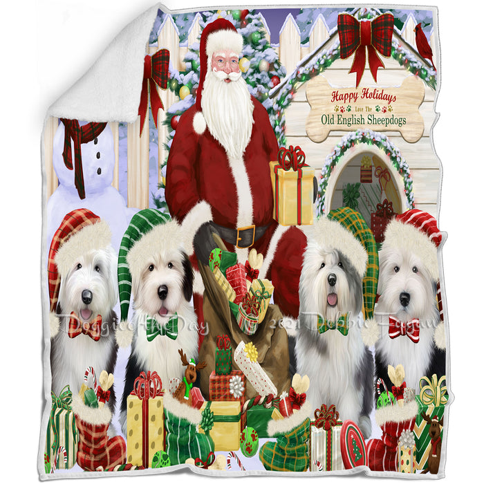 Happy Holidays Christmas Old English Sheepdogs Dog House Gathering Blanket BLNKT85539