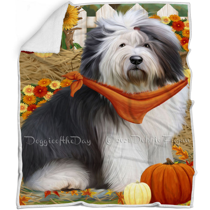 Fall Autumn Greeting Old English Sheepdog with Pumpkins Blanket BLNKT73146