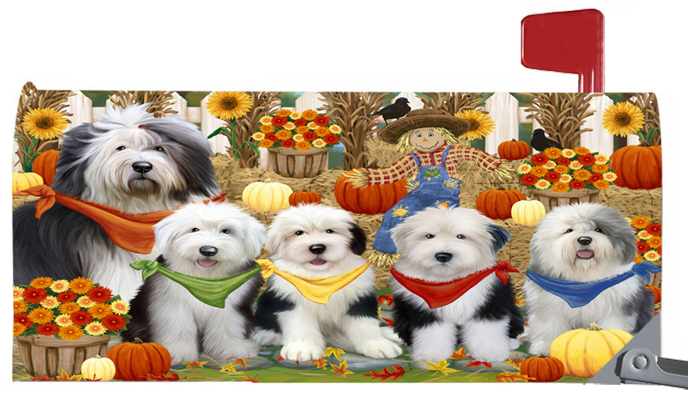 Fall Festive Harvest Time Gathering Old English Sheepdogs 6.5 x 19 Inches Magnetic Mailbox Cover Post Box Cover Wraps Garden Yard Décor MBC49099