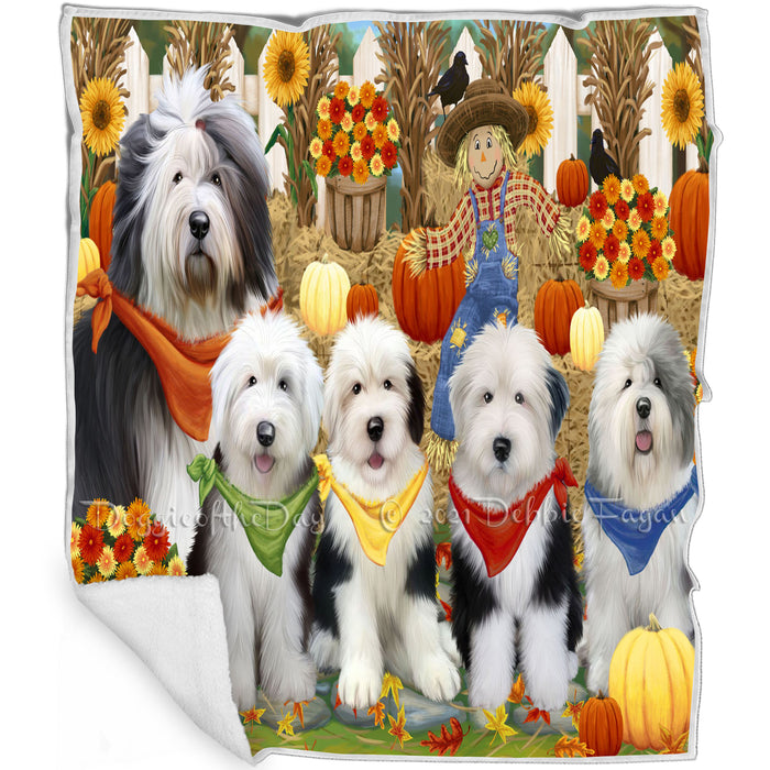 Fall Festive Gathering Old English Sheepdogs with Pumpkins Blanket BLNKT71958