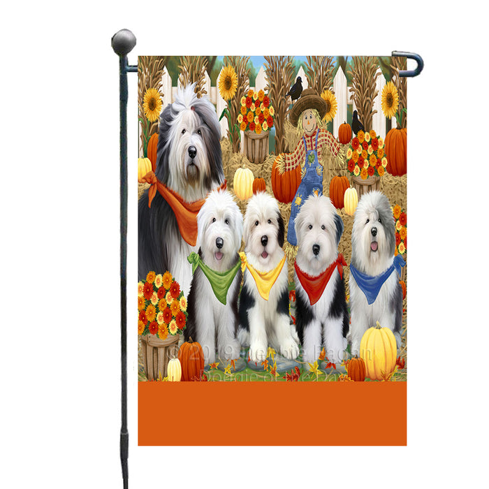 Personalized Fall Festive Gathering Old English Sheepdogs with Pumpkins Custom Garden Flags GFLG-DOTD-A61982