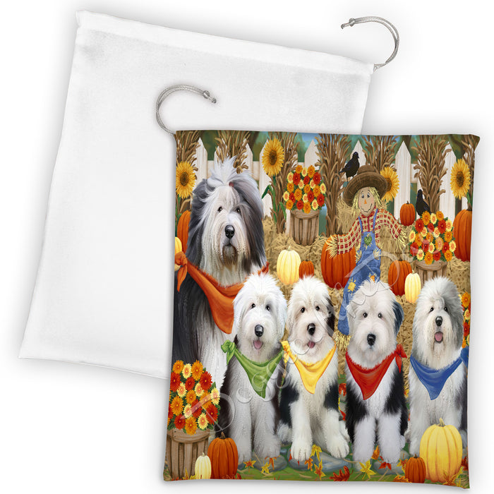 Fall Festive Harvest Time Gathering Old English Sheepdogs Drawstring Laundry or Gift Bag LGB48421