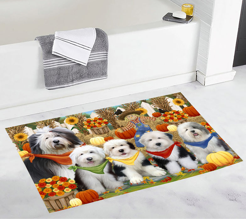 Fall Festive Harvest Time Gathering Old English Sheepdogs Bath Mat