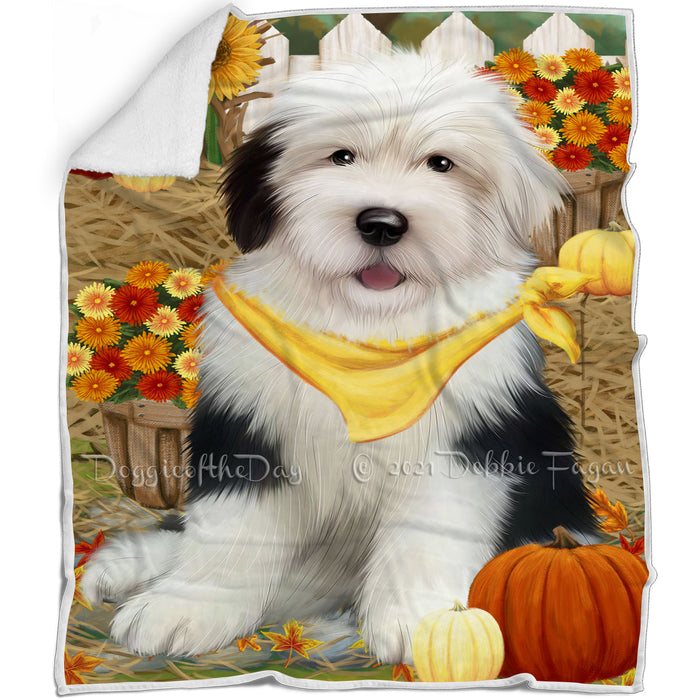 Fall Autumn Greeting Old English Sheepdog with Pumpkins Blanket BLNKT73155