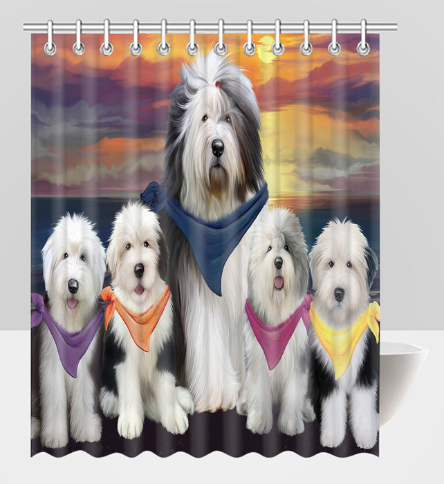 Family Sunset Portrait Old English Sheepdogs Shower Curtain