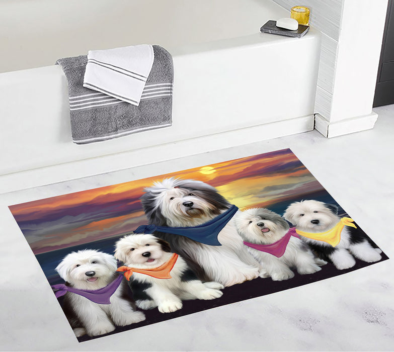 Family Sunset Portrait Old English Sheepdogs Bath Mat