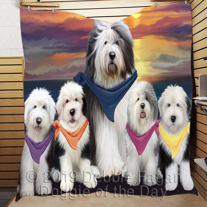 Family Sunset Portrait Old English Sheepdogs Quilt