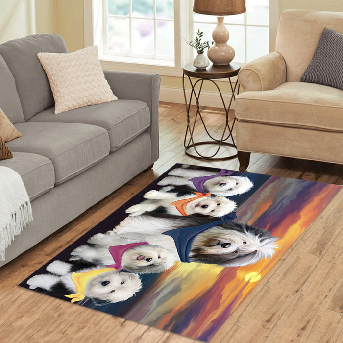 Family Sunset Portrait Old English Sheepdogs Area Rug