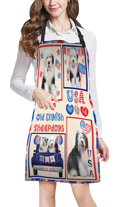 4th of July Independence Day I Love USA Old English Sheepdogs Apron - Adjustable Long Neck Bib for Adults - Waterproof Polyester Fabric With 2 Pockets - Chef Apron for Cooking, Dish Washing, Gardening, and Pet Grooming
