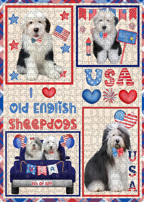 4th of July Independence Day I Love USA Old English Sheepdogs Portrait Jigsaw Puzzle for Adults Animal Interlocking Puzzle Game Unique Gift for Dog Lover's with Metal Tin Box