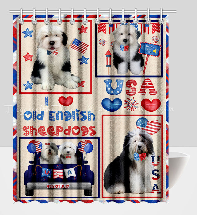 4th of July Independence Day I Love USA Old English Sheepdogs Shower Curtain Pet Painting Bathtub Curtain Waterproof Polyester One-Side Printing Decor Bath Tub Curtain for Bathroom with Hooks