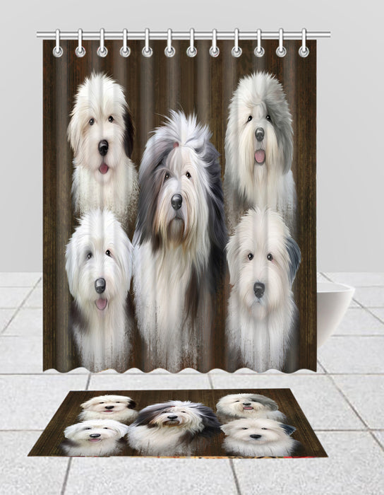 Rustic Old English SheepDogs  Bath Mat and Shower Curtain Combo