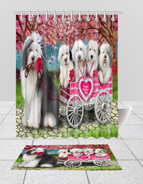 I Love Old English Sheepdogs in a Cart Bath Mat and Shower Curtain Combo