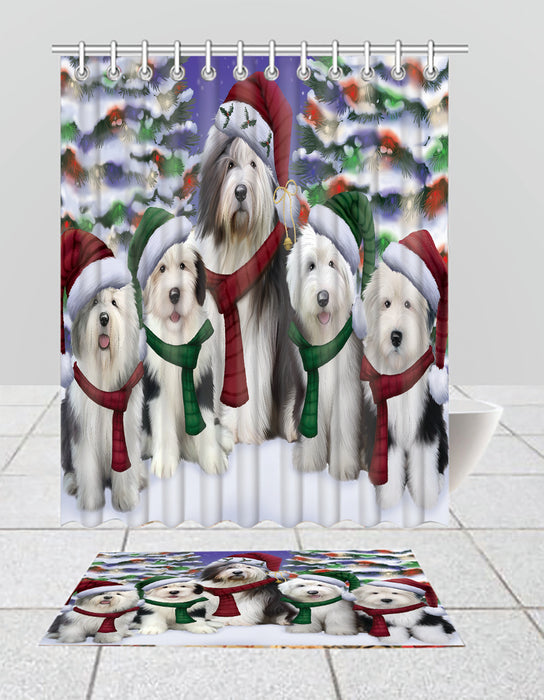 Old English Sheepdogs Christmas Family Portrait in Holiday Scenic Background  Bath Mat and Shower Curtain Combo