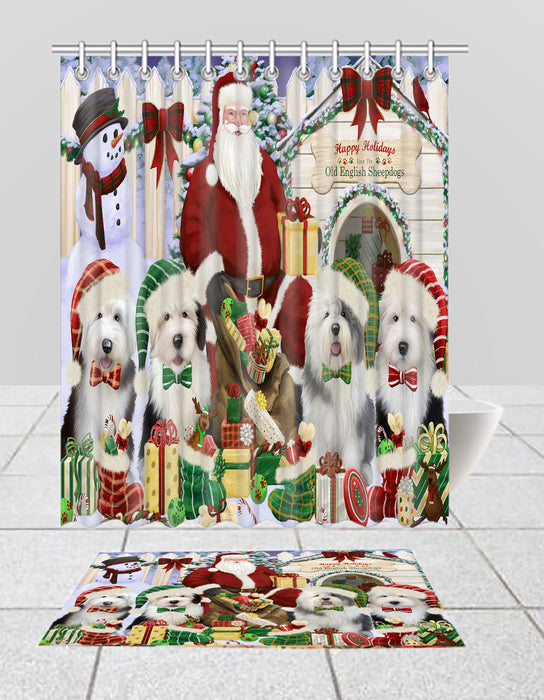 Happy Holidays Christmas Old English Sheepdogs House Gathering Bath Mat and Shower Curtain Combo