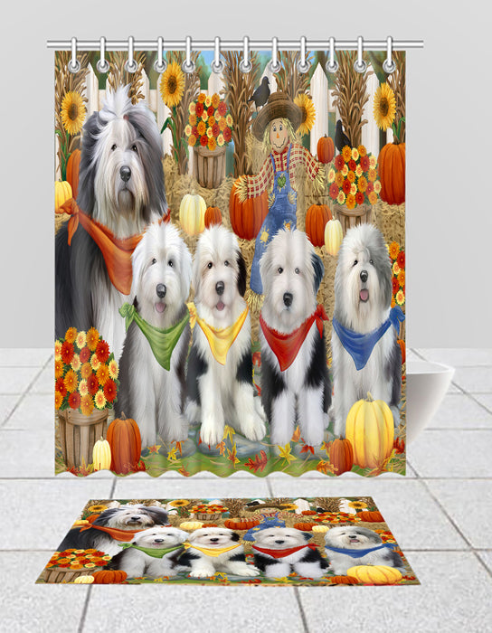 Fall Festive Harvest Time Gathering Old English SheepDogs Bath Mat and Shower Curtain Combo