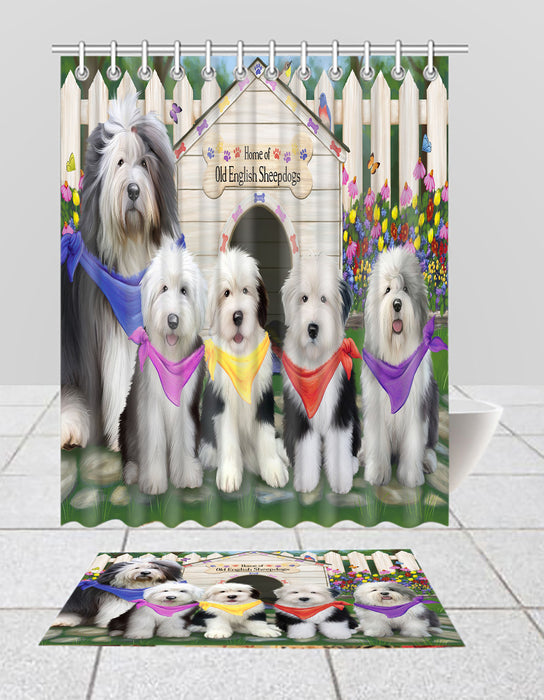 Spring Dog House Old English SheepDogs Bath Mat and Shower Curtain Combo