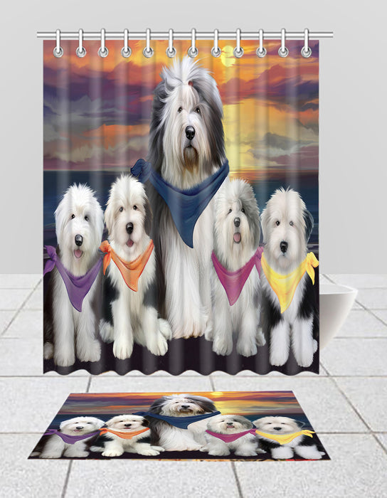 Family Sunset Portrait Old English Sheep dogs Bath Mat and Shower Curtain Combo