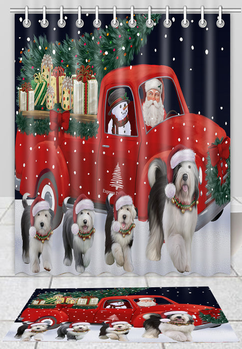 Christmas Express Delivery Red Truck Running Old English Sheepdogs Bath Mat and Shower Curtain Combo