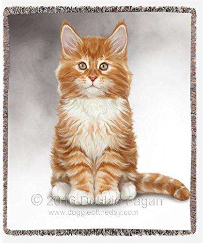 Orange And White Maine Coon Kitten Art Portrait Print Woven Throw Blanket 54 X 38